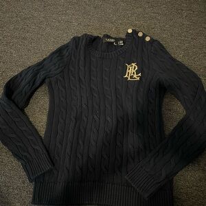 Ralph Lauren Black Cable Knit Sweater with Gold Accents